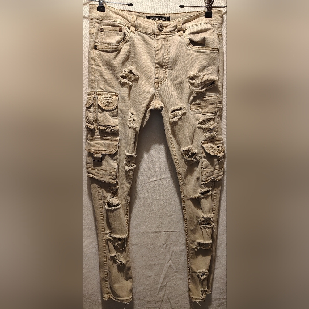 Serenede Embellished Eight Pocket Men's Distressed Cargo Skinny Jeans SZ 30x32